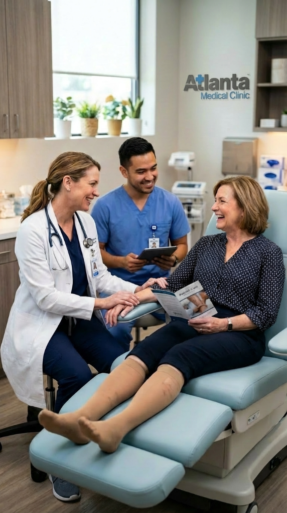 Doctor and nurse consulting warmly with patient at Atlanta Medical Clinic of Midtown